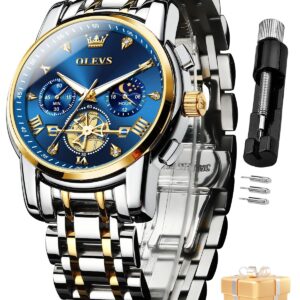 OLEVS Men's Business Watch Gold Blue with Large Easy-Read Analog Quartz Date Display Luxury Stainless Steel Band Waterproof Luminous Hands
